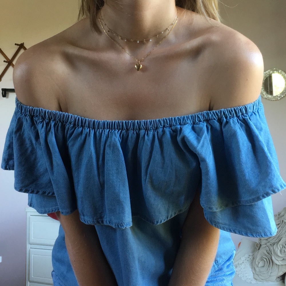 Off-the-shoulder chambray ruffle top
